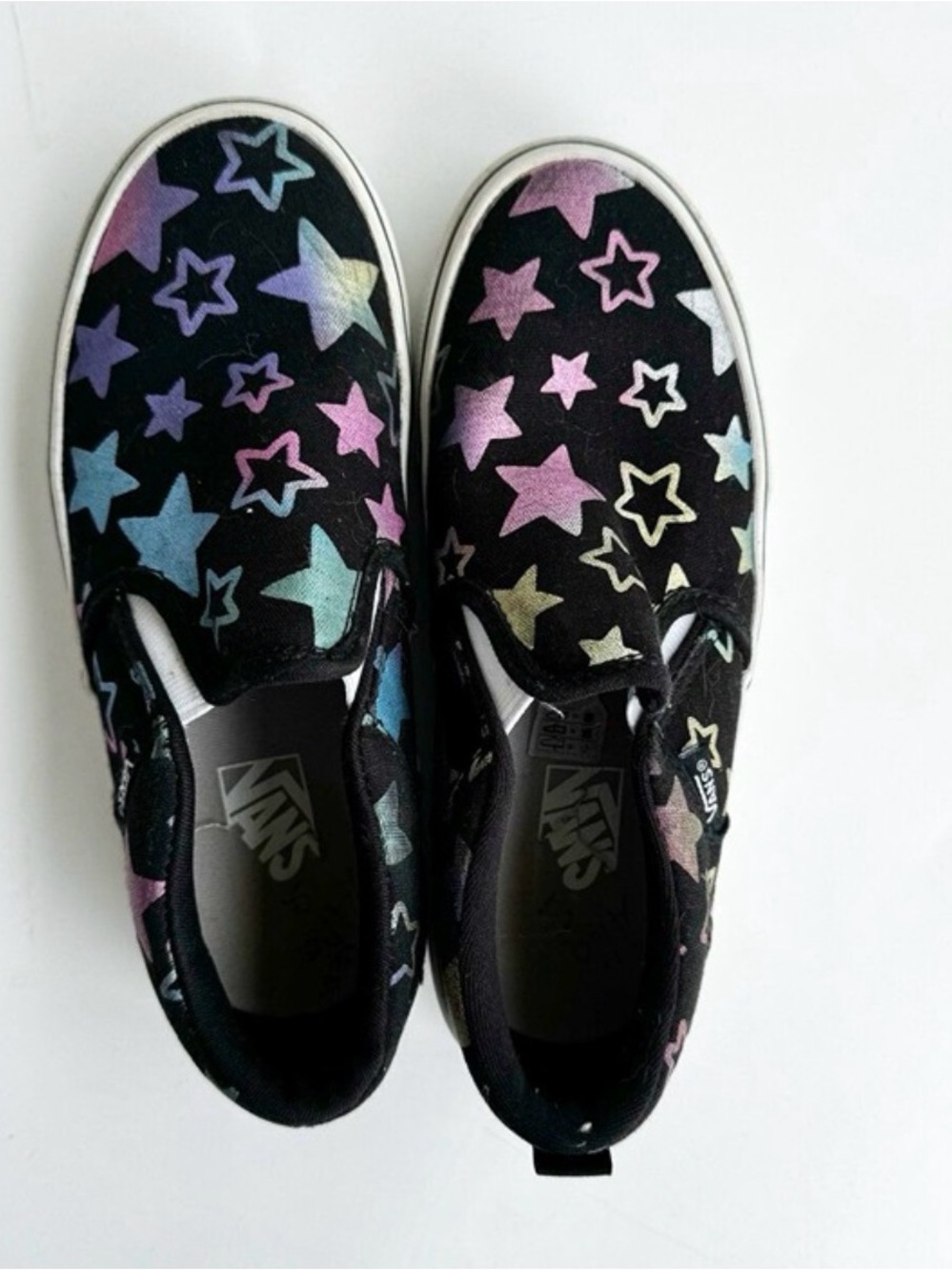 Vans Kids Black Slip-On Sneakers with Iridescent Pastel Stars